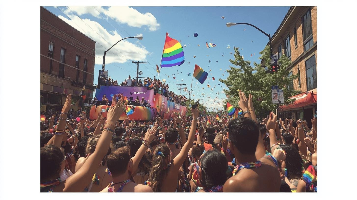 Crowd celebrating with rainbow flags at Pride Events.