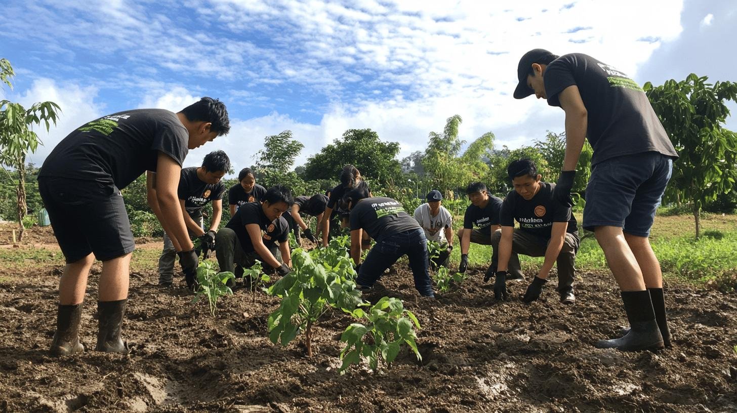 Volunteers planting trees as part of an initiative by companies that give back.