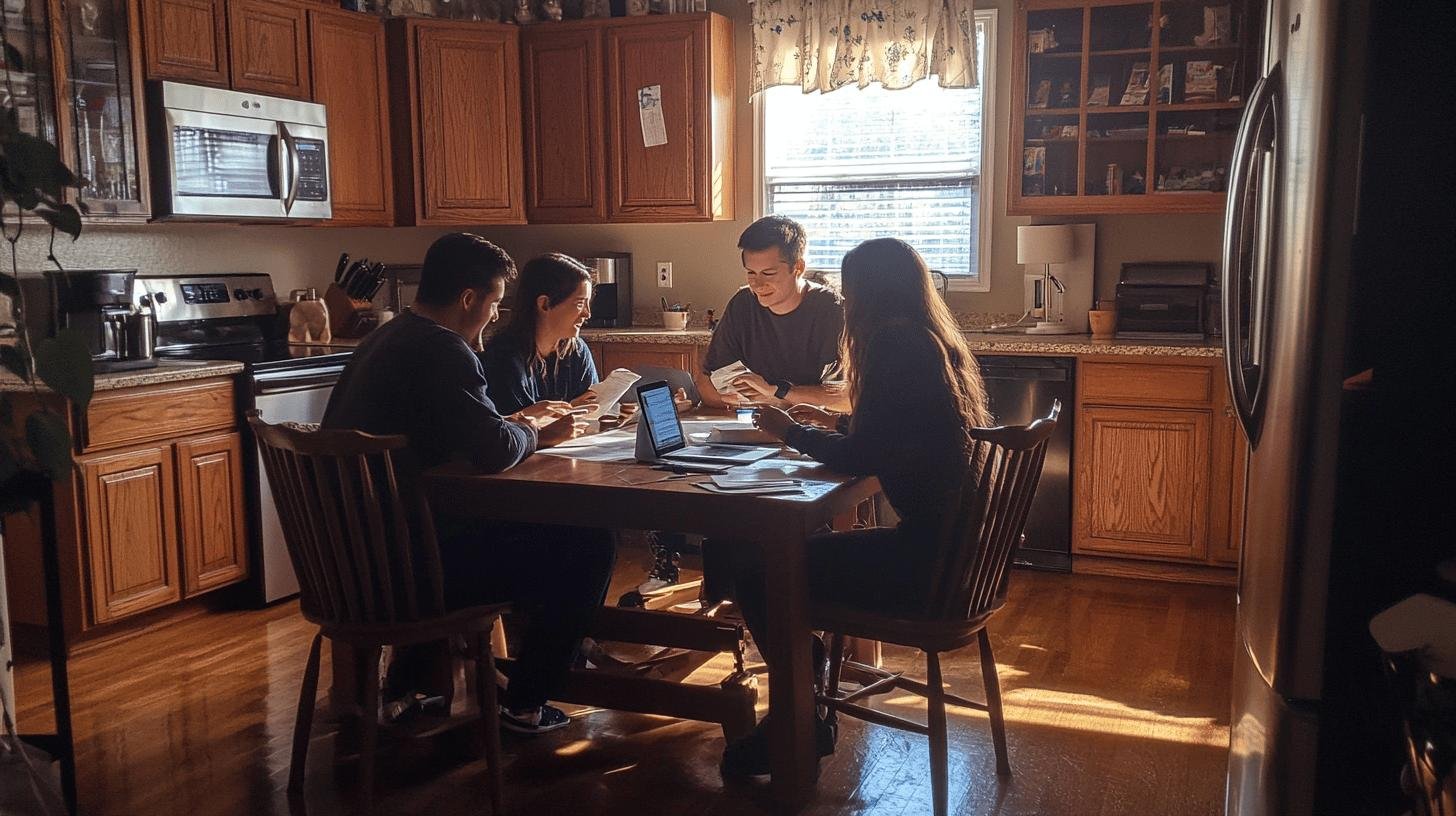 A family sitting around a kitchen table, discussing documents, symbolizing the roles of the family in society.