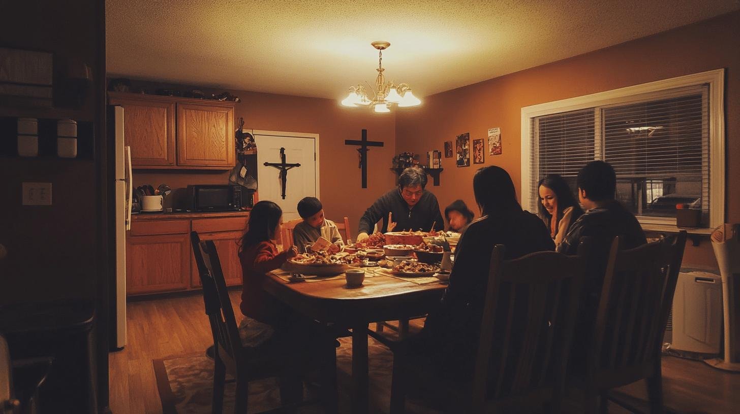 Family gathered around a dinner table, reflecting Traditional American Values of family and faith.