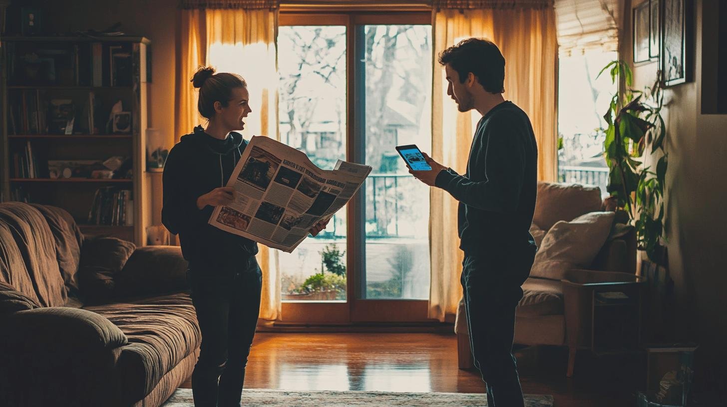 Two people discussing the 'Woke vs. Anti-Woke Debate' in a living room setting.