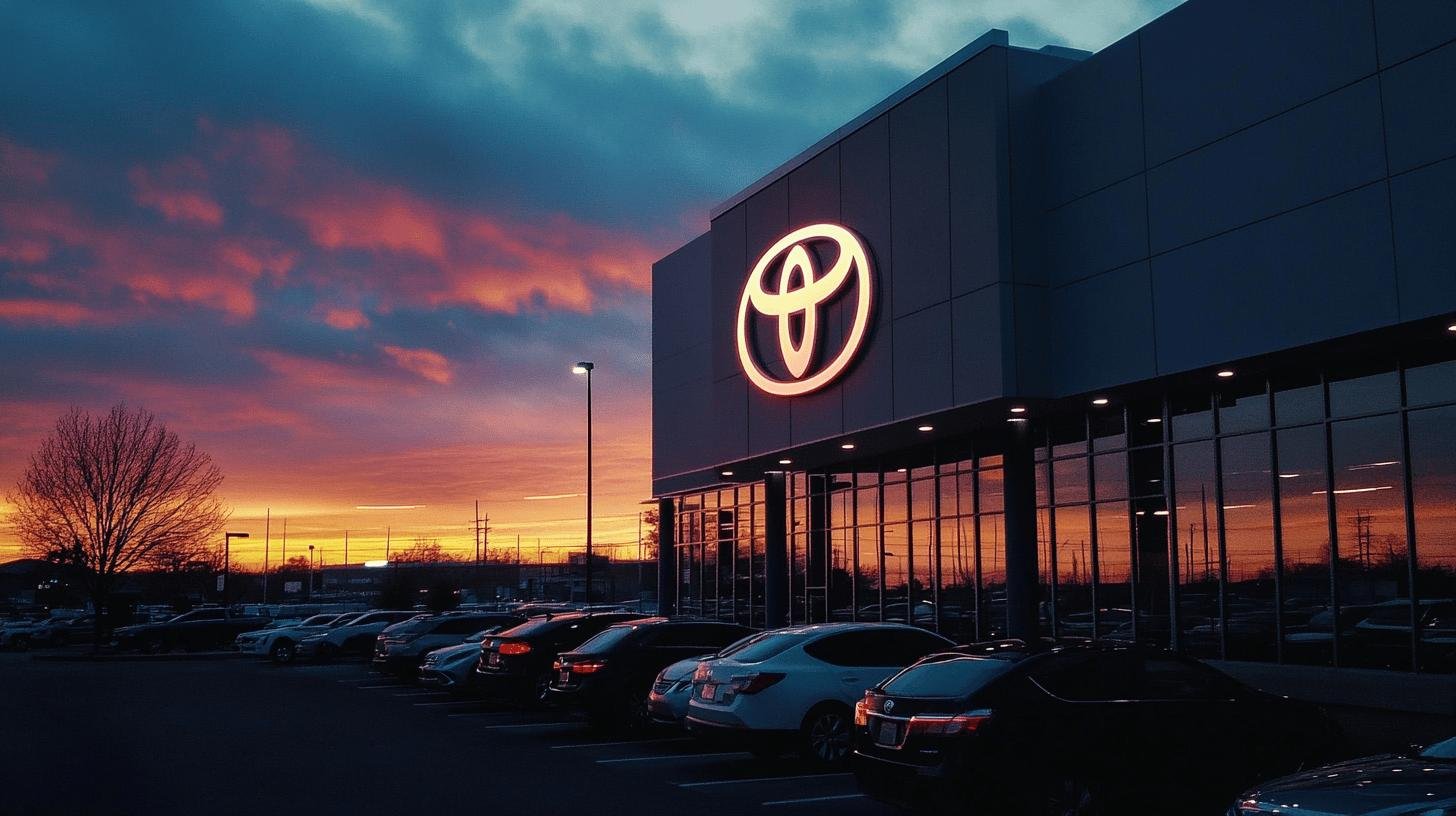 Toyota dealership building with logo illuminated at sunset, symbolizing Toyota's New Direction.