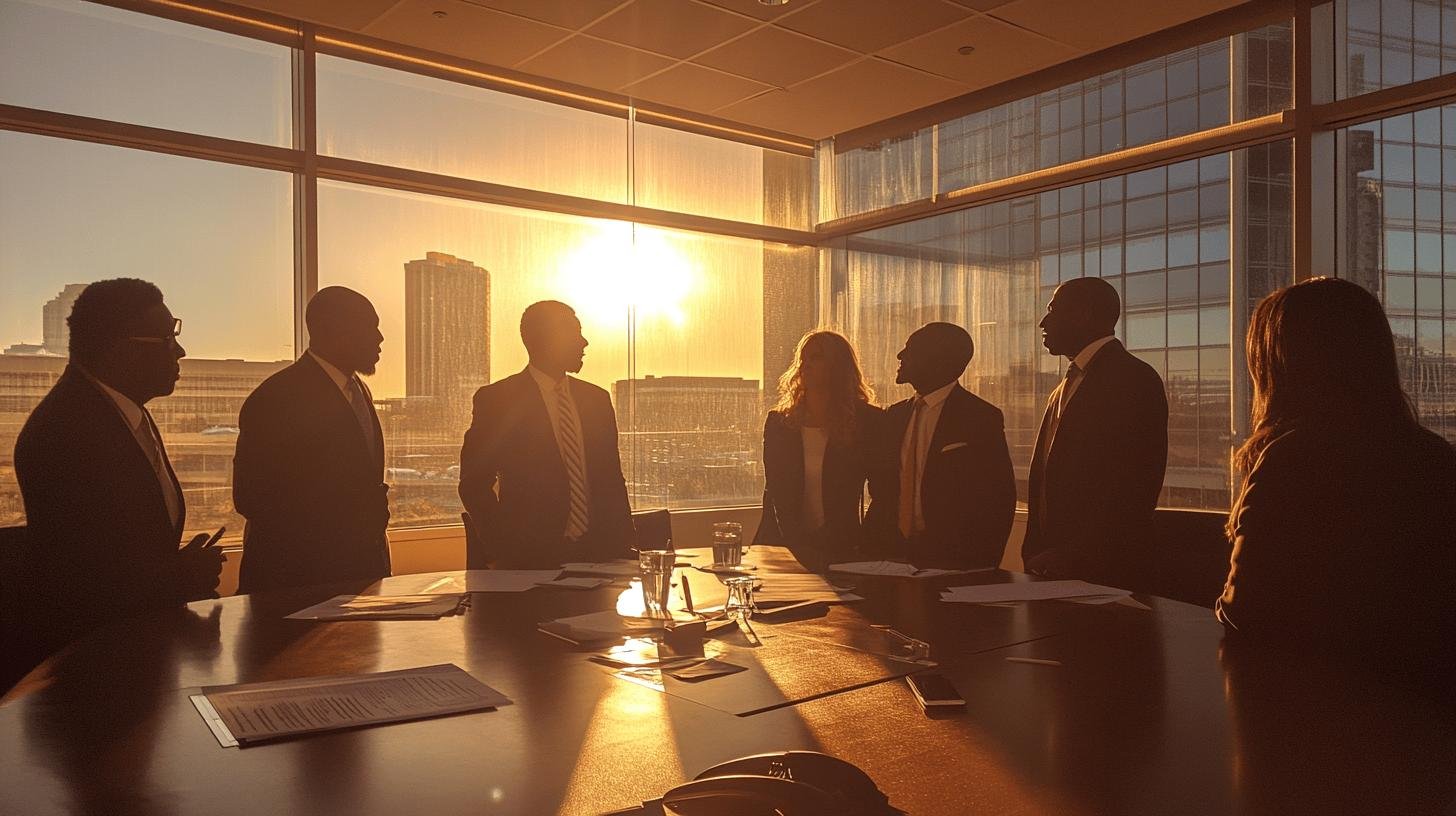 Silhouettes of business professionals in a boardroom at sunset, embodying respect for traditional values in leadership.