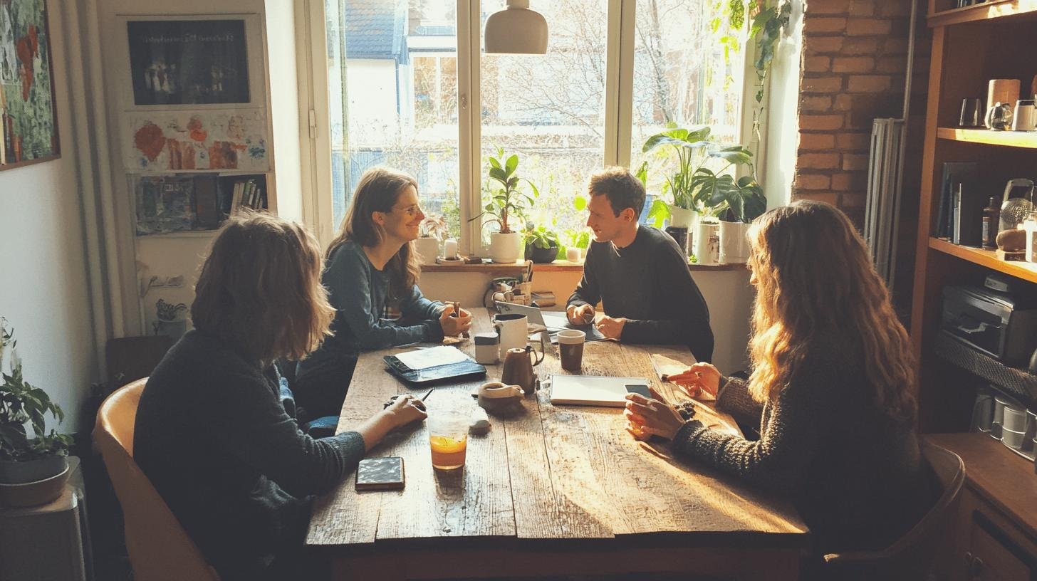 A meeting in a cozy cafe setting with four people discussing ideas around a table, representing a family-run business.