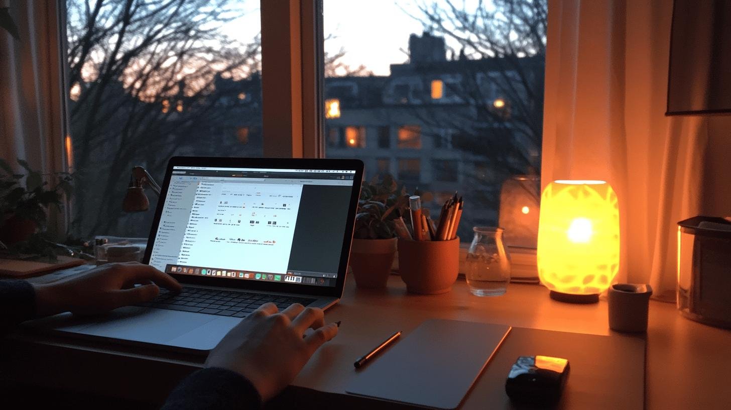 Person working on an eCommerce platform on a laptop near a window during sunset.