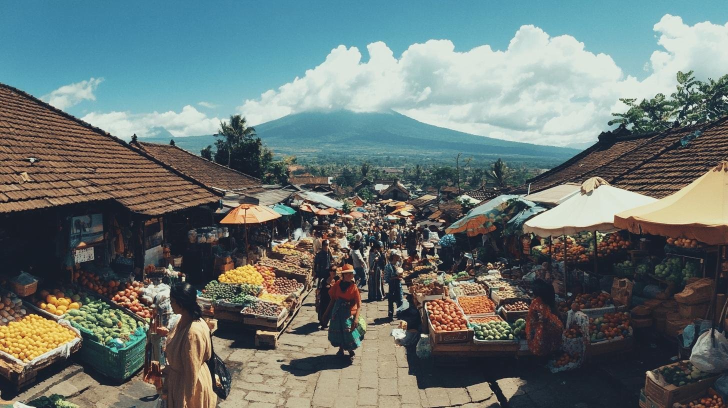 a market with many people and a mountain in the background - features of economic liberty