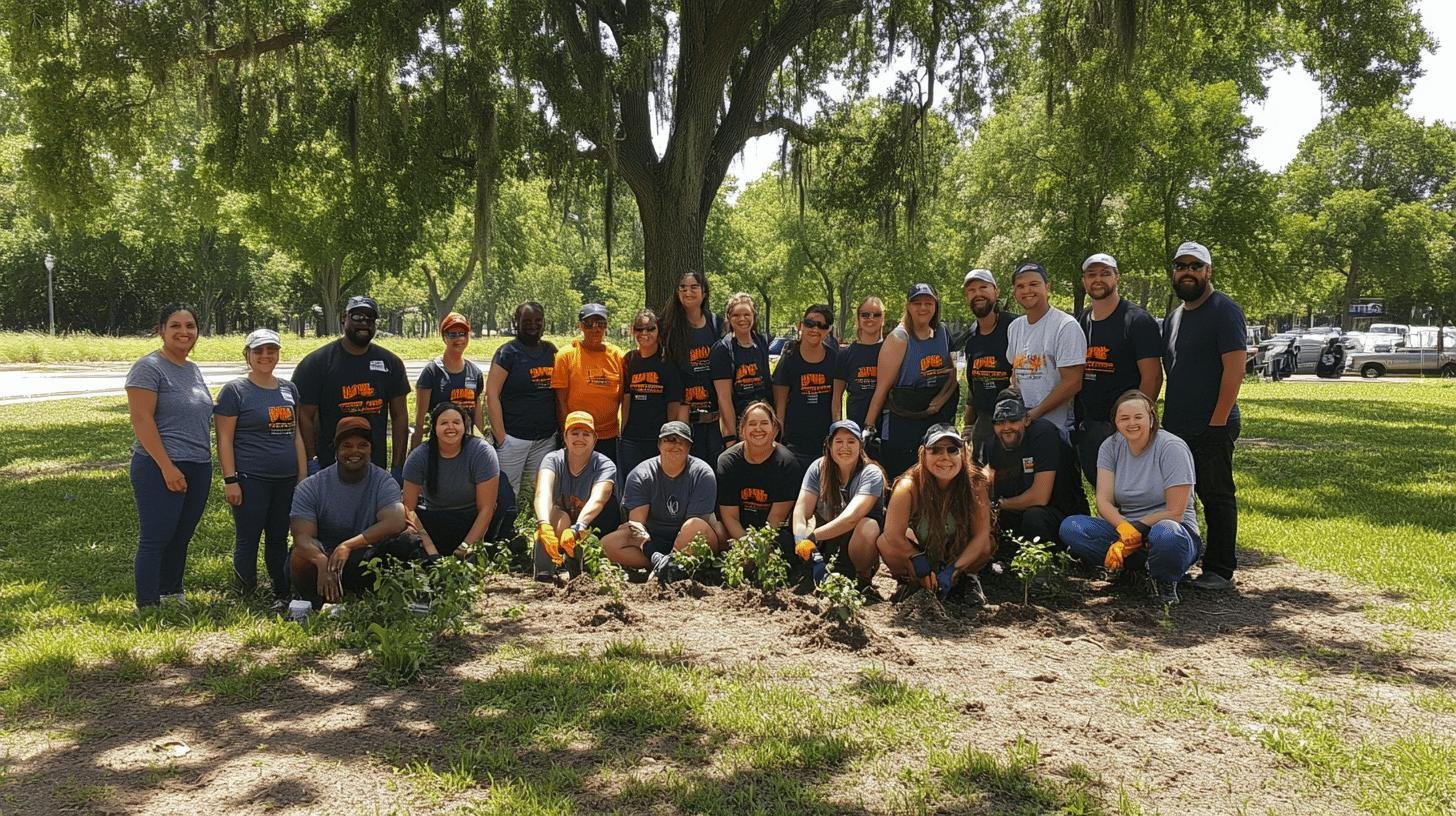 Group of volunteers planting trees in a park - Ways to Give Back to the Community.