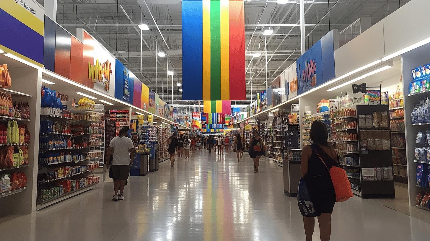 Shoppers walk through a store aisle with colorful Pride-themed merchandise banners hanging overhead.