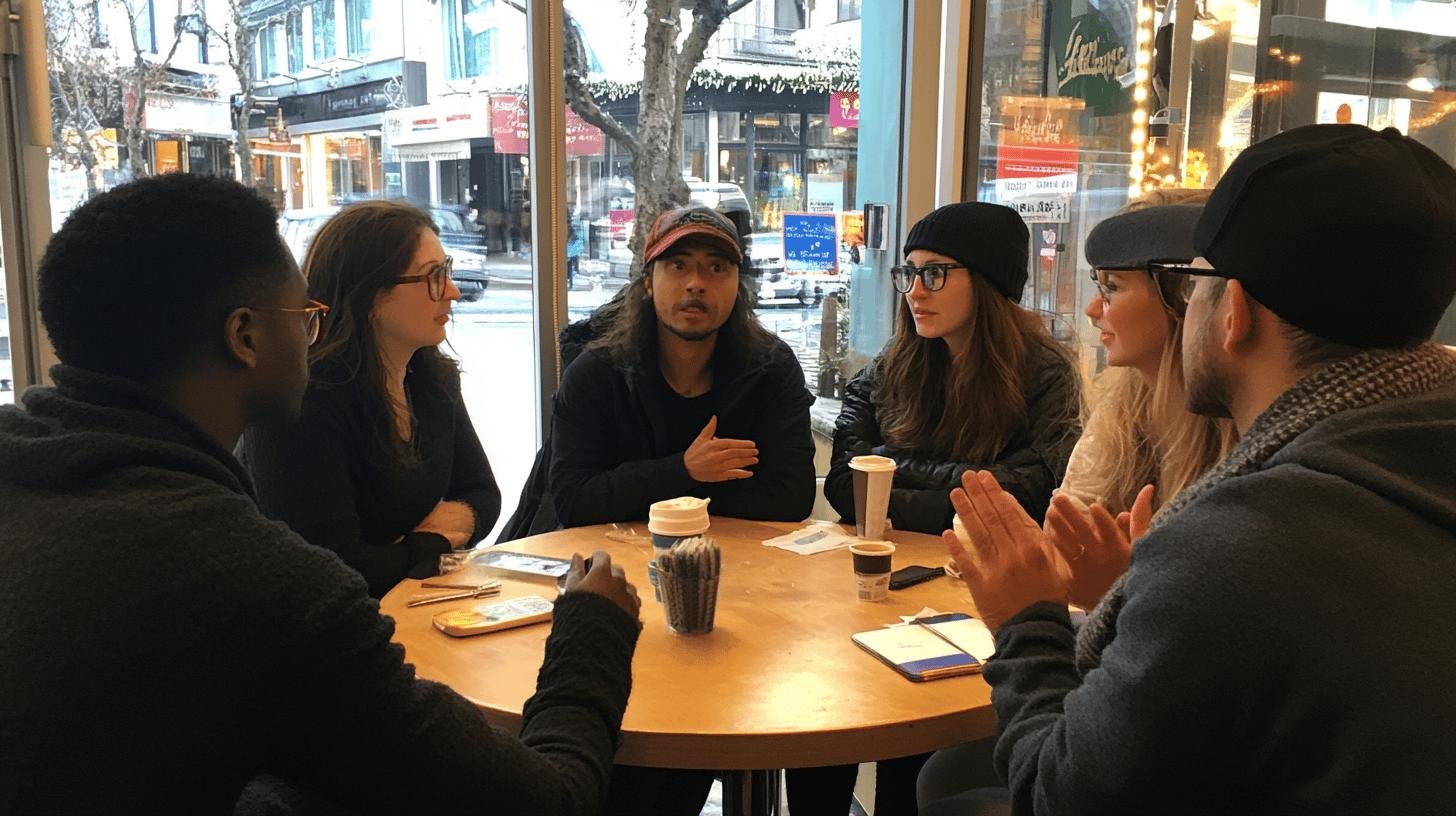 a group of people sitting around a table, talking - woke political movements