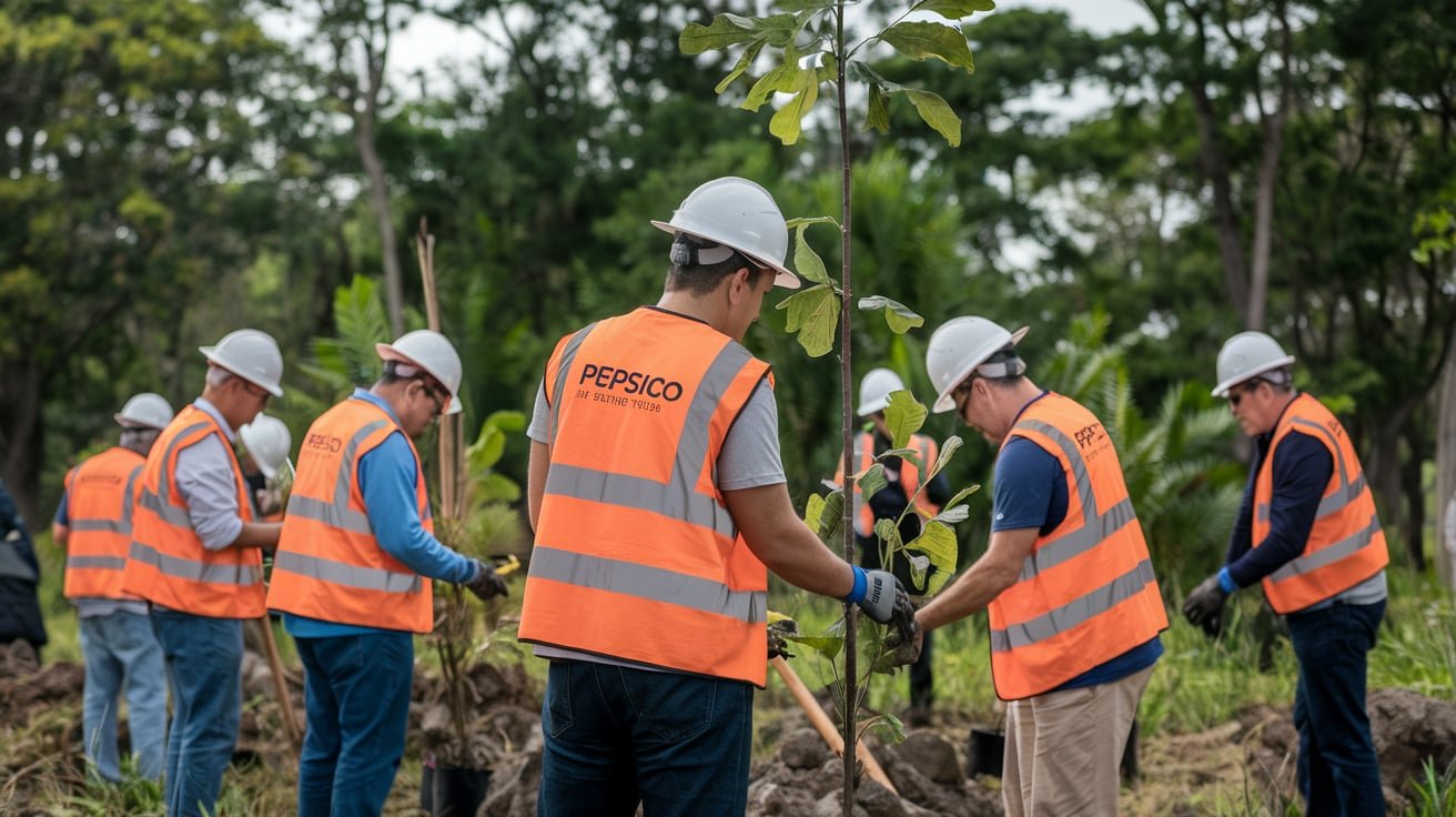 Group of volunteers planting trees in a green park, participating in an environmental conservation project to promote sustainability. -PepsiCo Giving Back to the Community