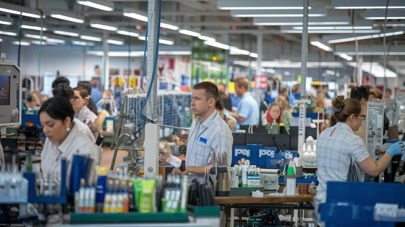 P&G employees working in a manufacturing facility as part of social responsibility initiatives – P&G Social Responsibility.