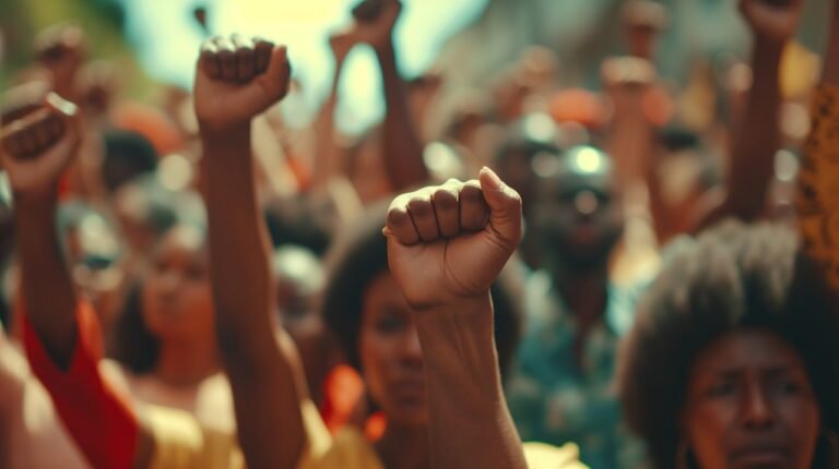 a group of people holding their fists up