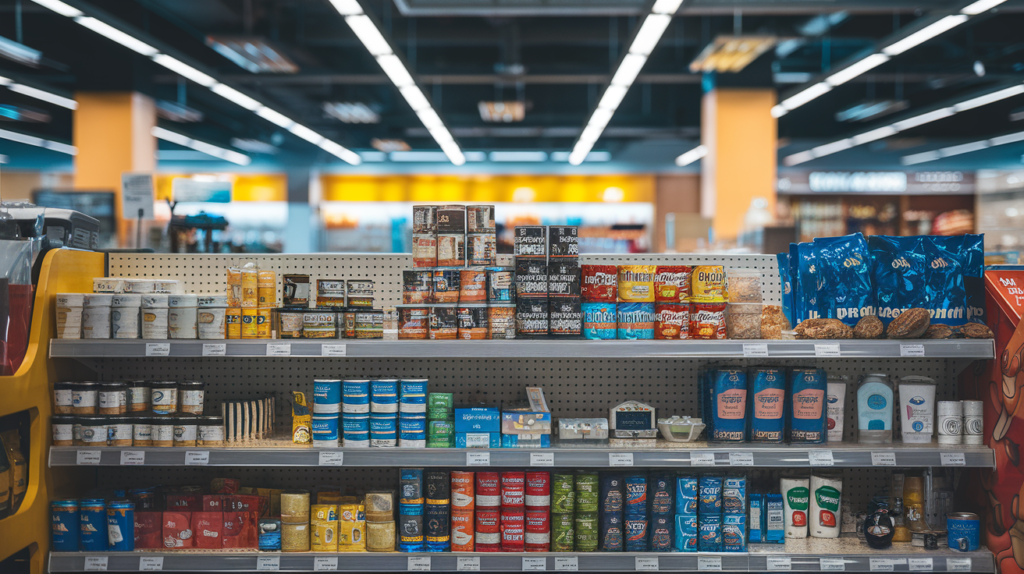 shelves of food on a shelf