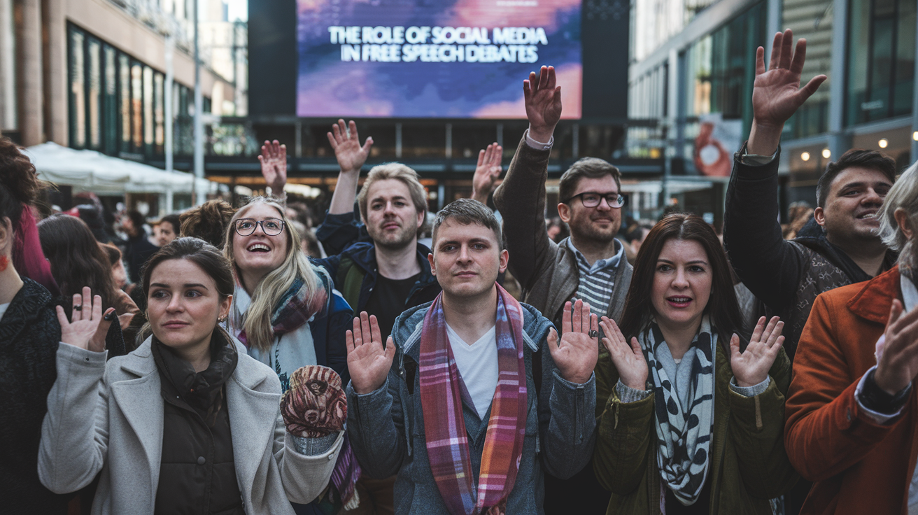 A group of people raising their hands at a public gathering, advocating for Freedom of Speech on Social Media.