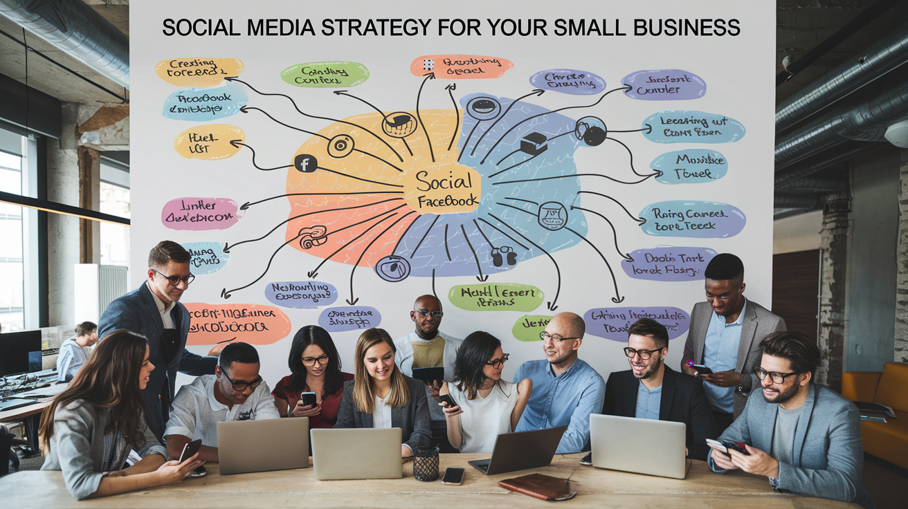 Group of professionals brainstorming 'Using Social Media for Small Business Success' with a strategy diagram on a wall.