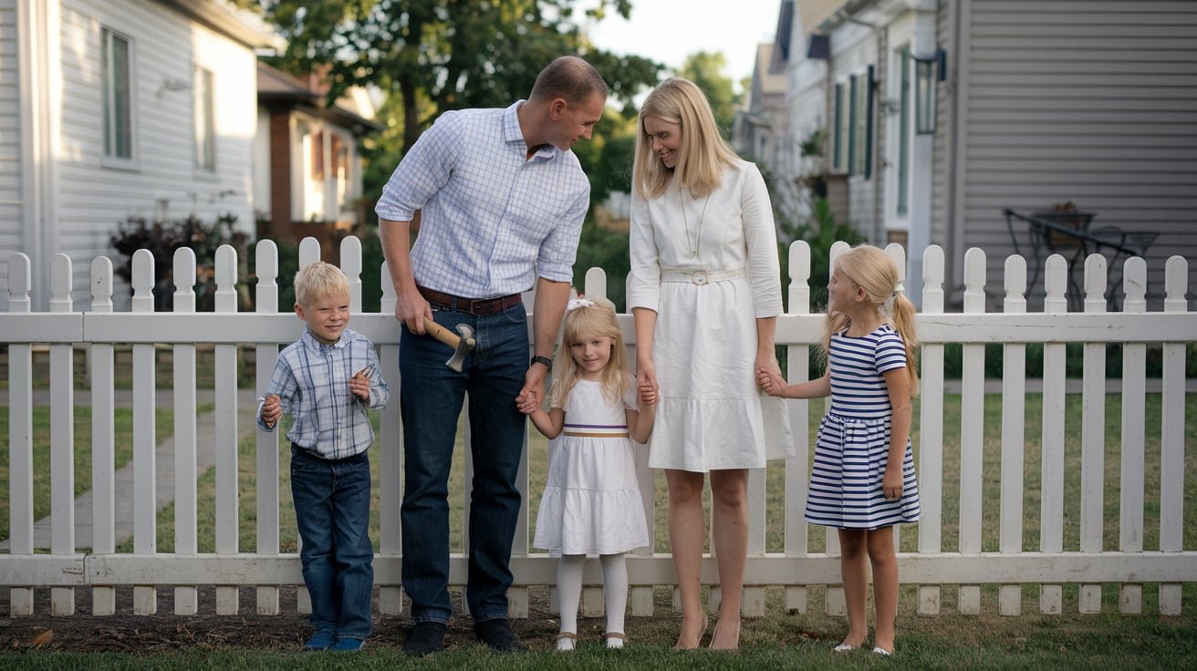 Smiling family in front of a picket fence, symbolizing Traditional American Values of family and community.