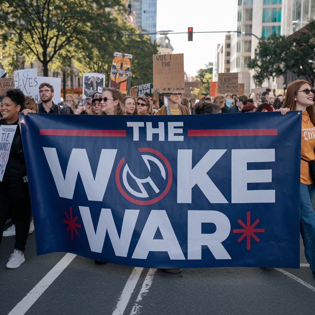 Protesters holding signs and a large banner during a rally related to "The Woke War.