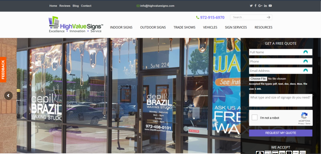 High Value Signs homepage screenshot