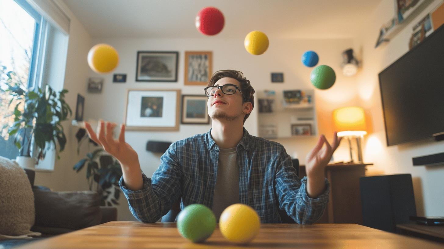 Person juggling balls at a table, illustrating 'Work Life Balance vs Work Life Blend.