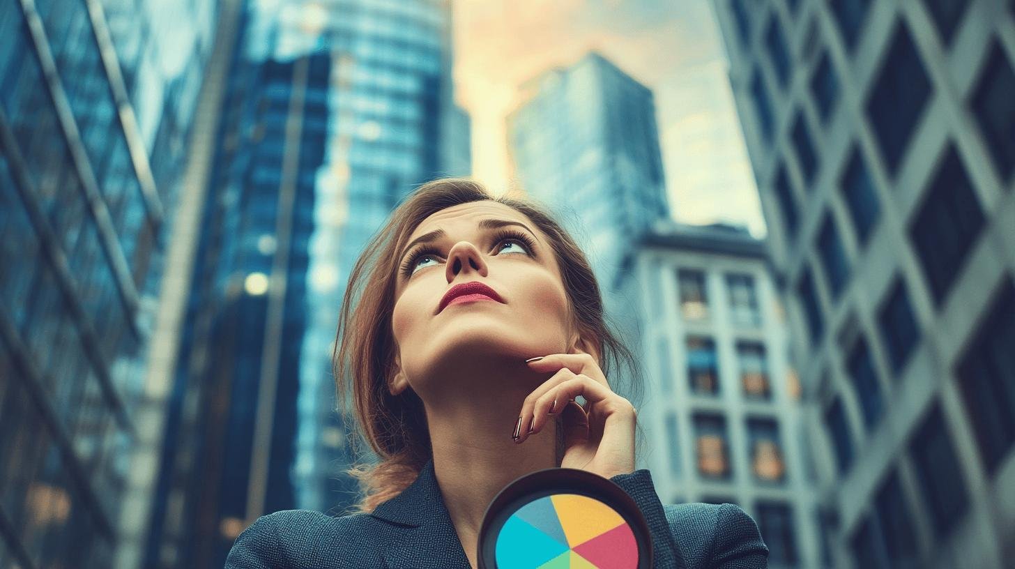 Businesswoman looking up at skyscrapers, reflecting on Inorganic Growth in Business.