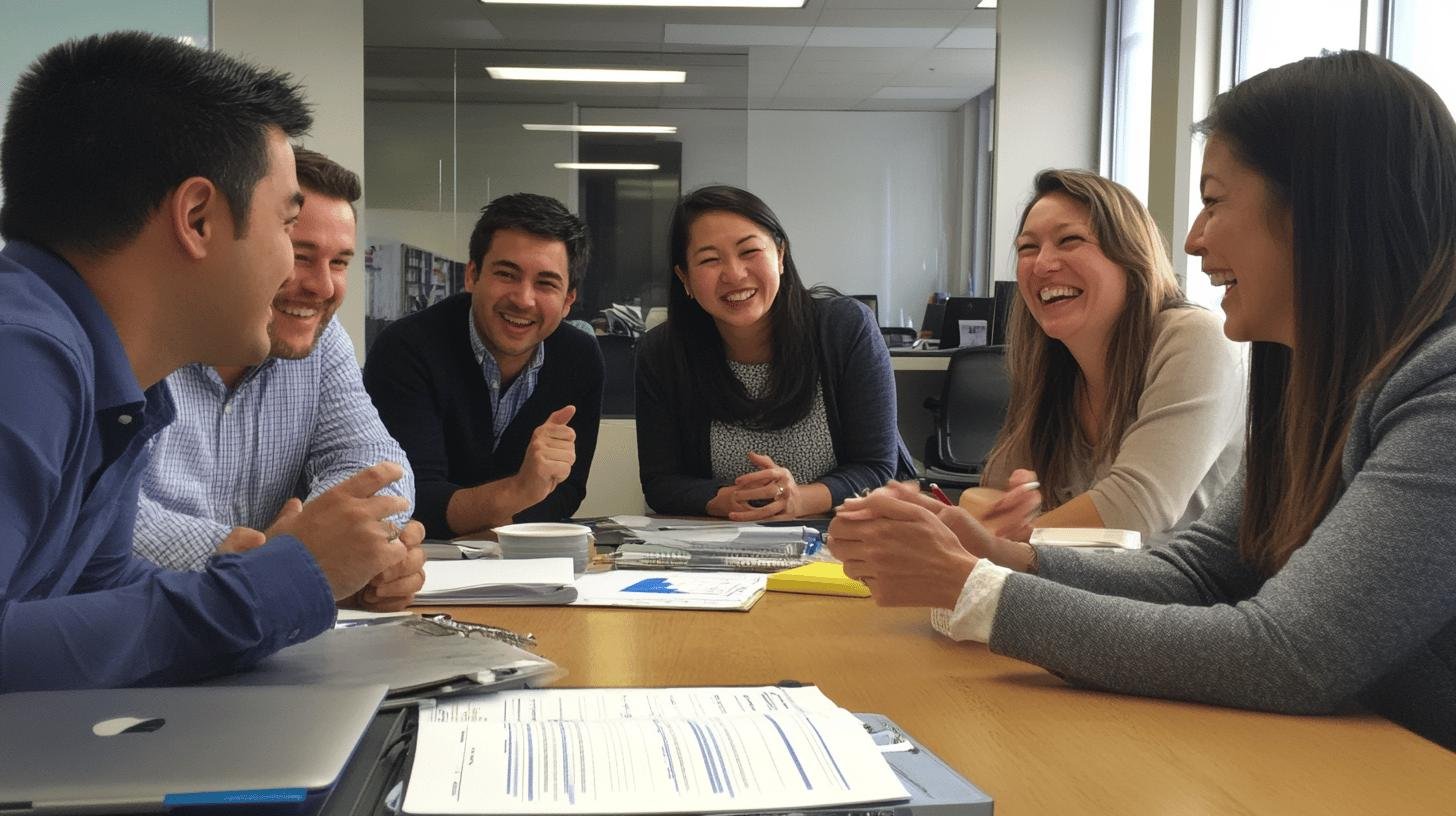 a group of people sitting around a table - open book management style