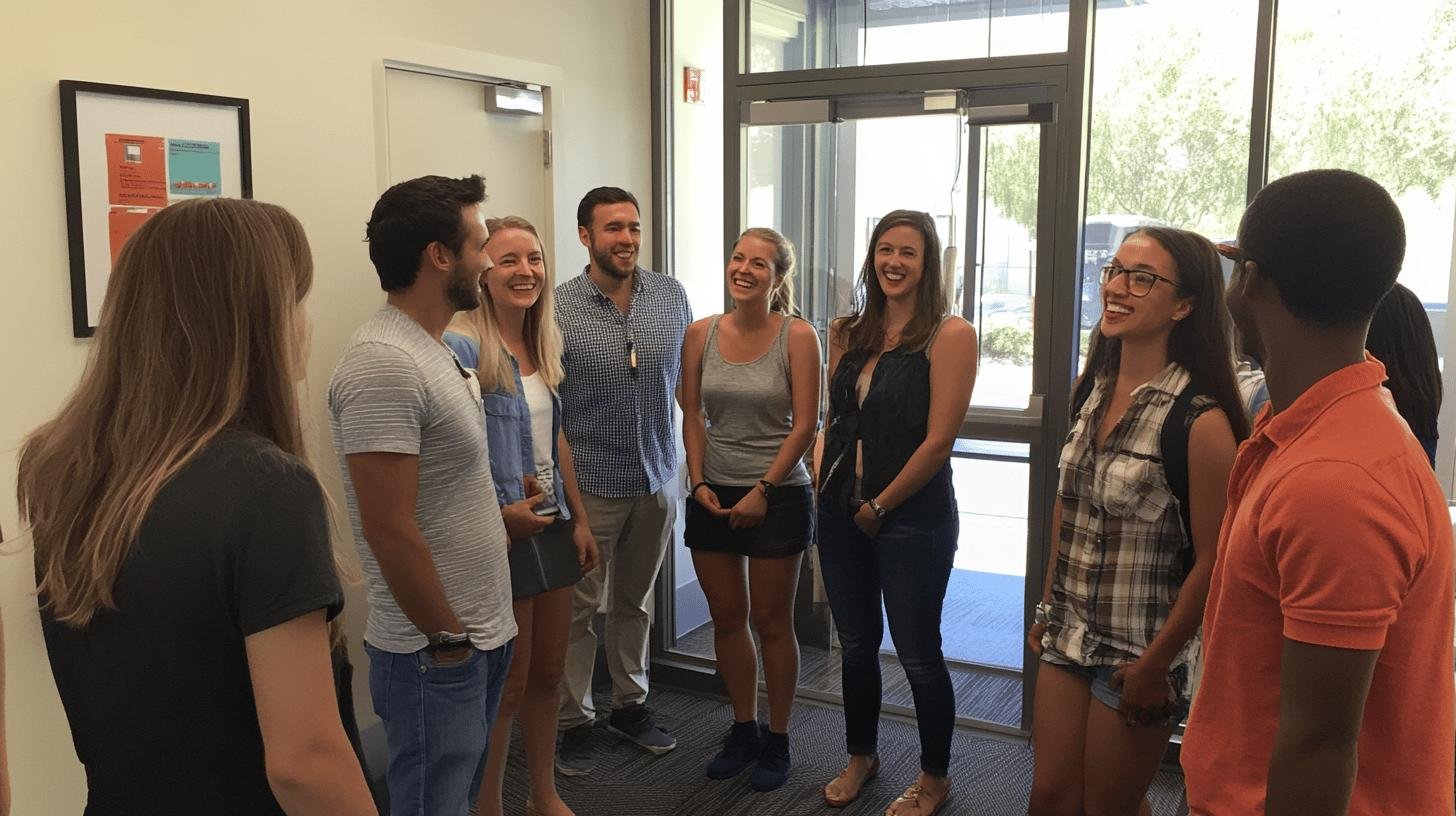 Group of people discussing Open Door Policy Management in a welcoming office environment.