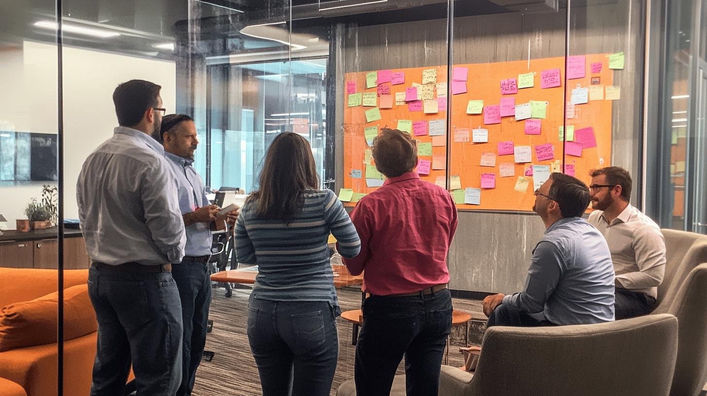 Team brainstorming session with sticky notes on a glass wall, illustrating a growth mindset in business.