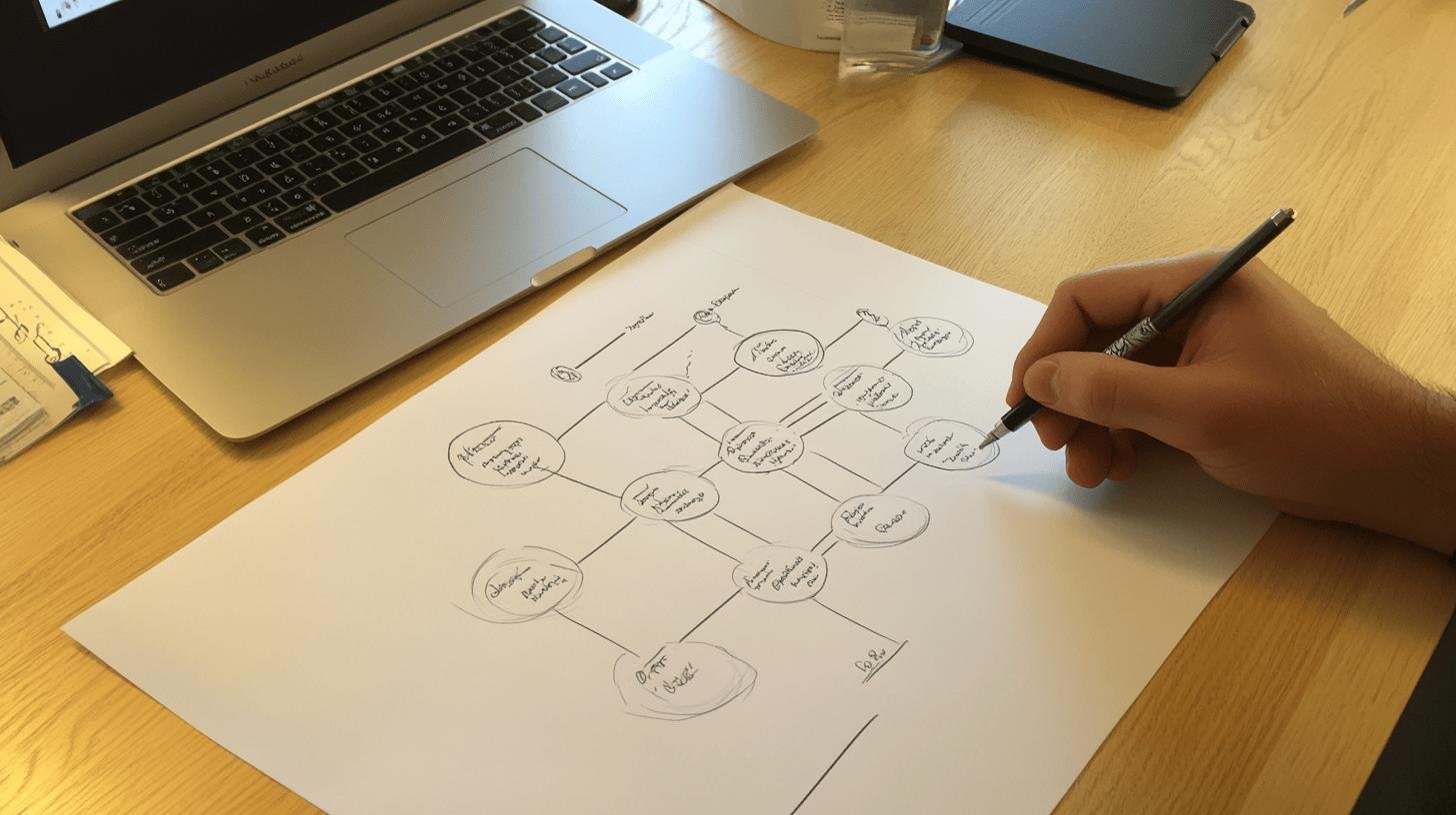 Hand drawing a Growth Hacking Funnel diagram on paper next to a laptop.