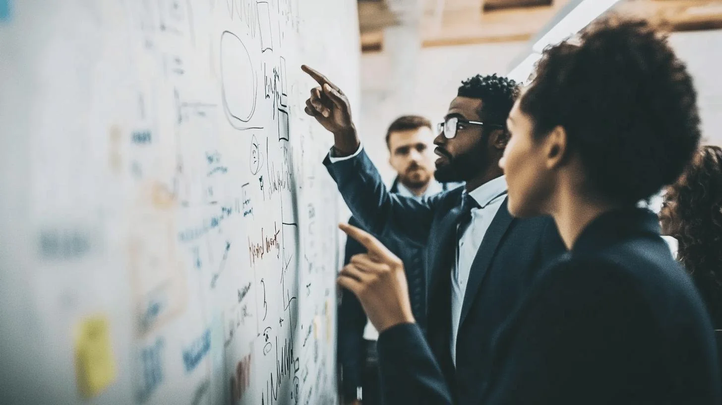 a group of people looking at a whiteboard - CSR and Corporate Governance