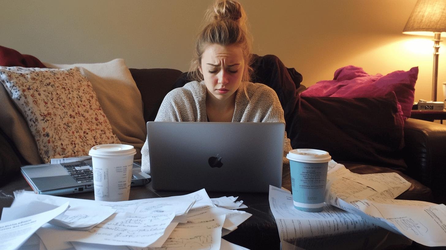 a woman sitting on a couch with a laptop and coffee cups - Importance of Work Life Balance