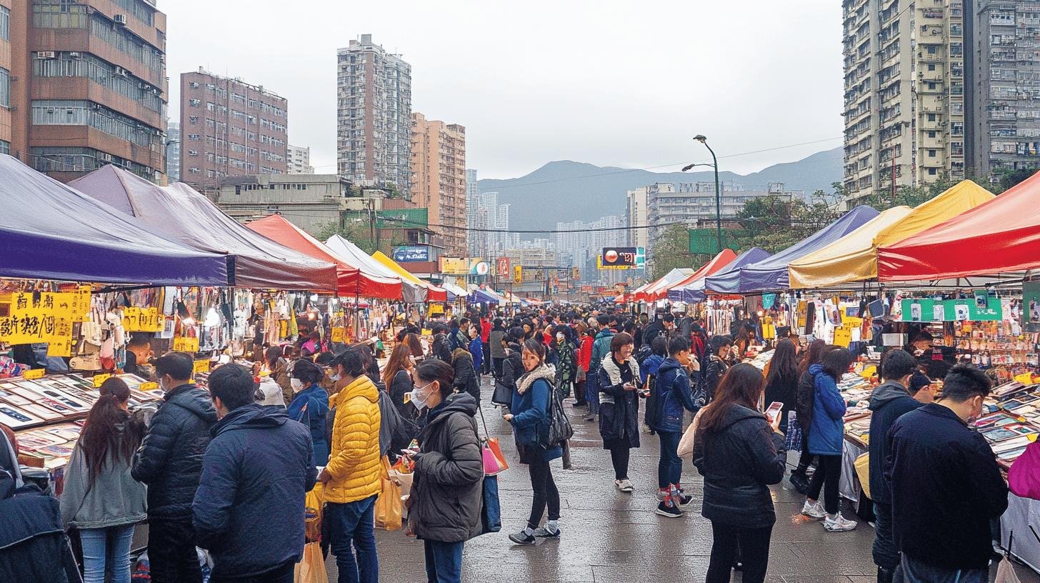 Busy outdoor market with colorful tents and urban skyline, highlighting economic growth on business success.