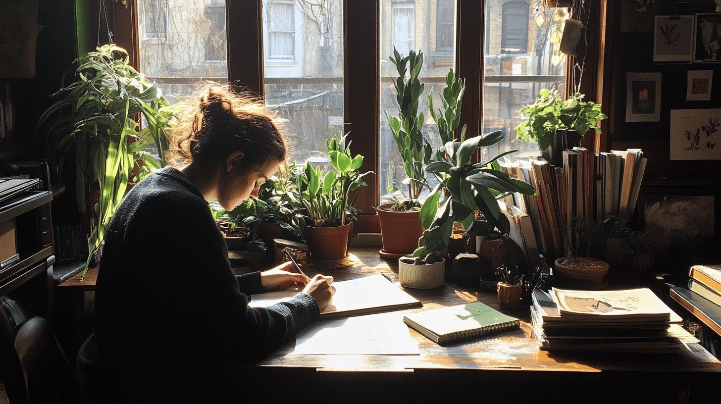 Person working at a desk surrounded by plants, illustrating 'Work Life Balance vs Work Life Blend.