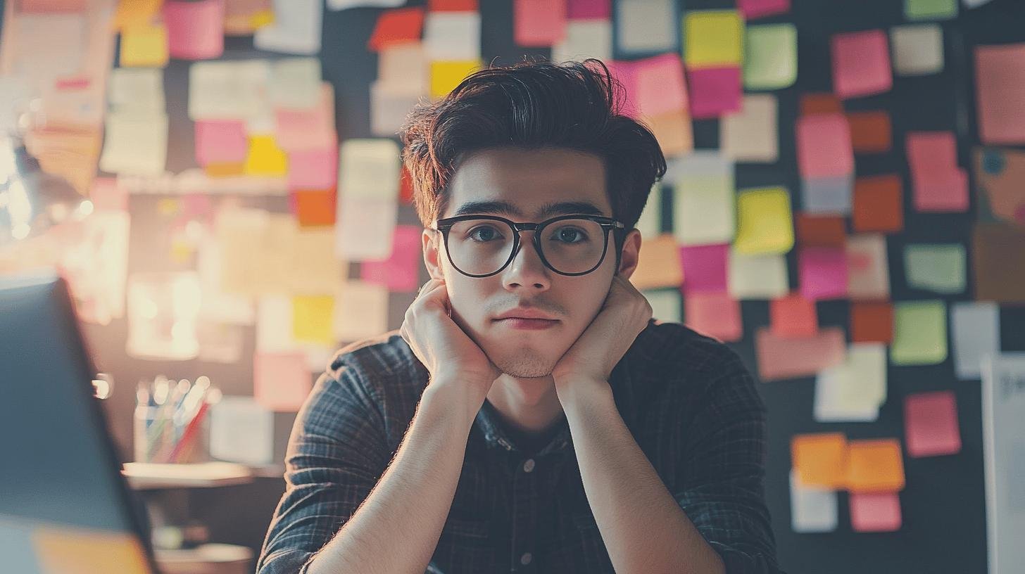 Young entrepreneur brainstorming with colorful sticky notes in the background, reflecting 'Lifestyle Business vs Growth Business' strategies.