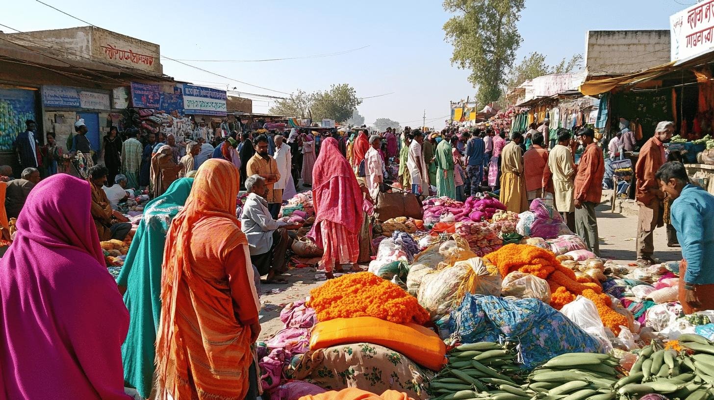 Traditional market scene with vendors and consumers, highlighting limited consumer sovereignty in a traditional economy.