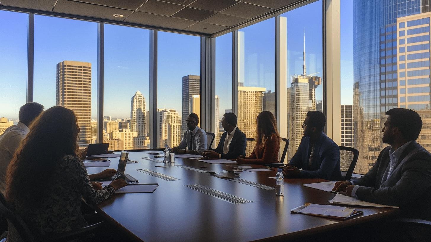 Business meeting in a high-rise boardroom, discussing the importance of corporate governance.