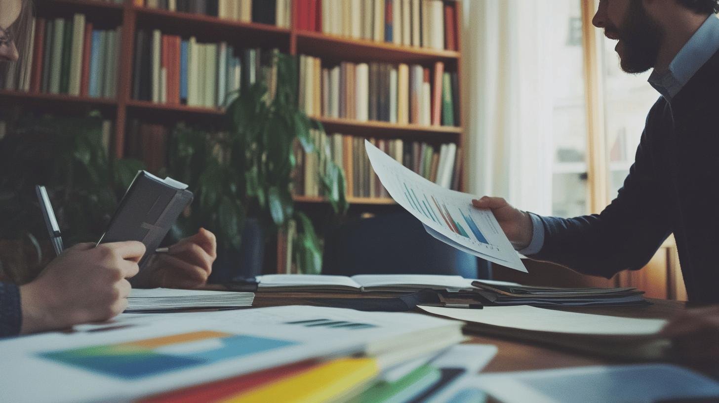 Two individuals reviewing documents on Economic Liberty and Conservatism in a study room.