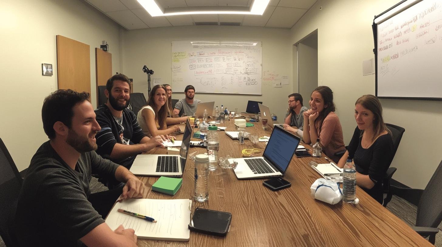 a group of people sitting around a table with laptops - Cross-Functional Business Processes