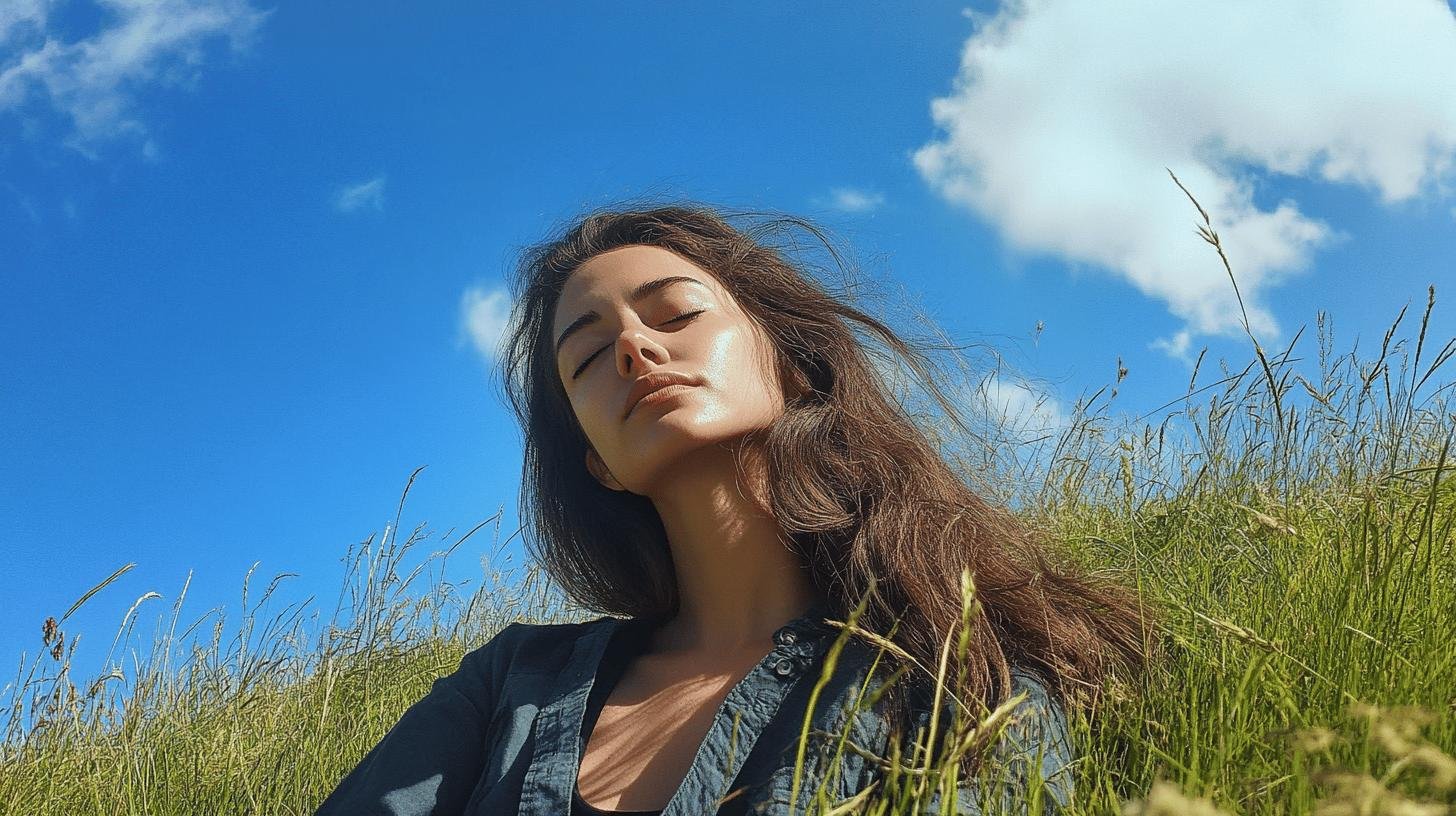 a woman sitting in grass with eyes closed - Work life balance best practices