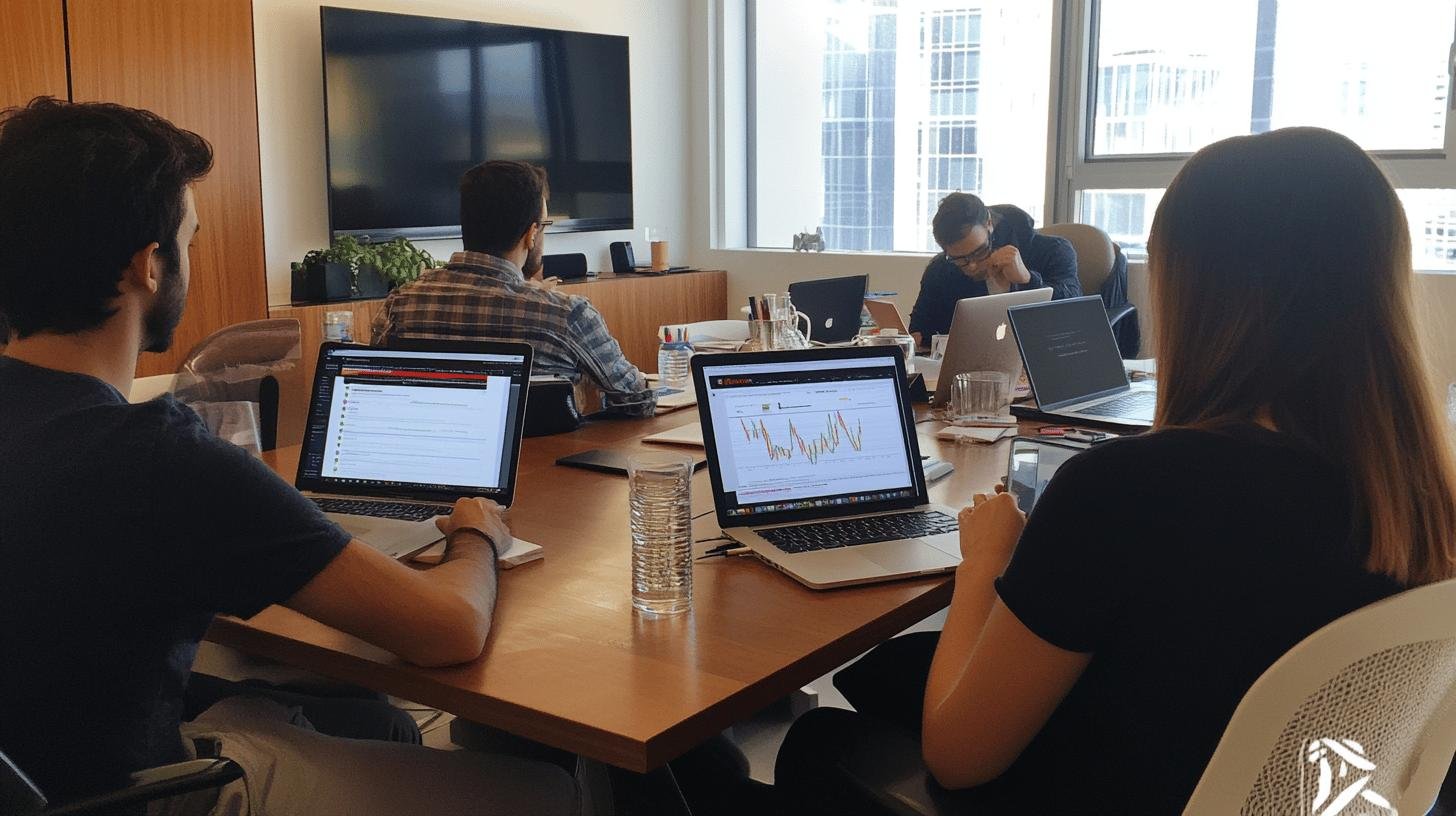 Team analyzing data on laptops in a modern office, showcasing Growth Hacking for Entrepreneurs.