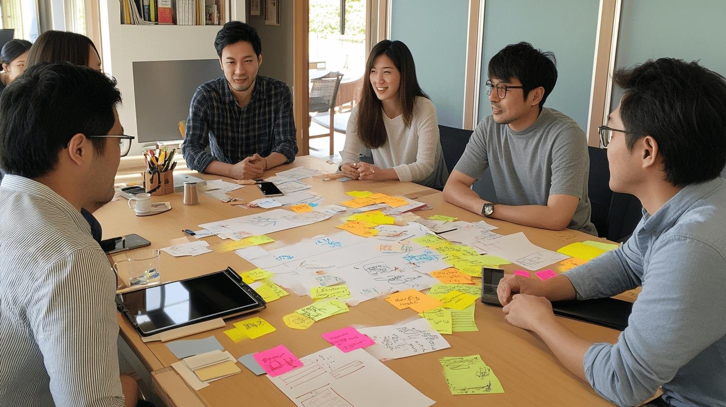 Team discussing ideas with sticky notes on a table, focusing on business development skills.