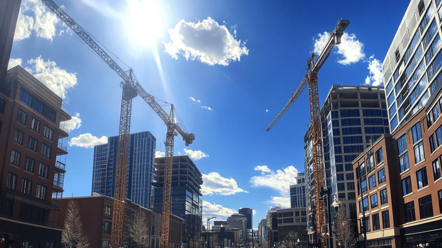 Construction cranes and modern buildings under a bright blue sky, symbolizing economic growth on business success.