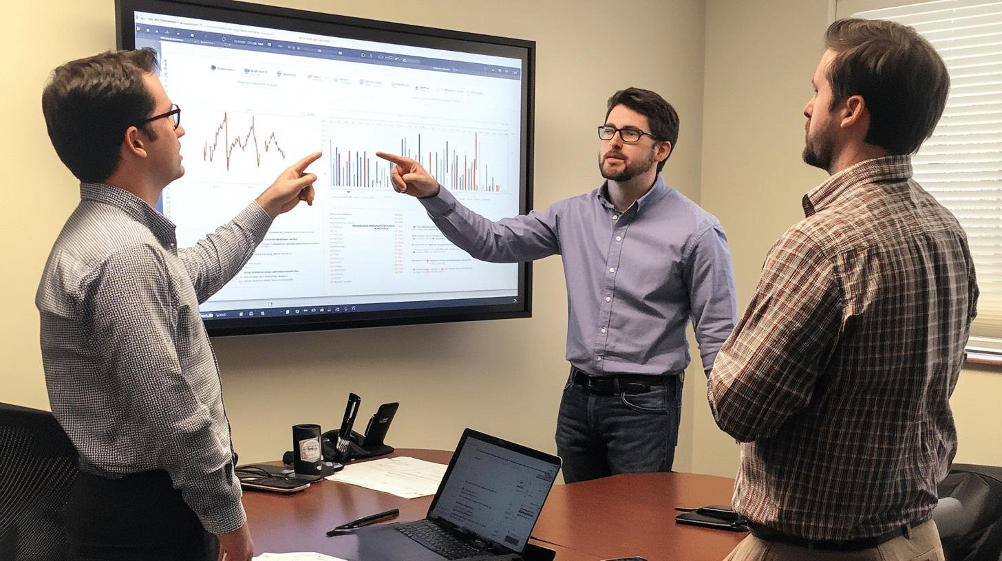 Team discussing data analytics for Business Development Management strategies.