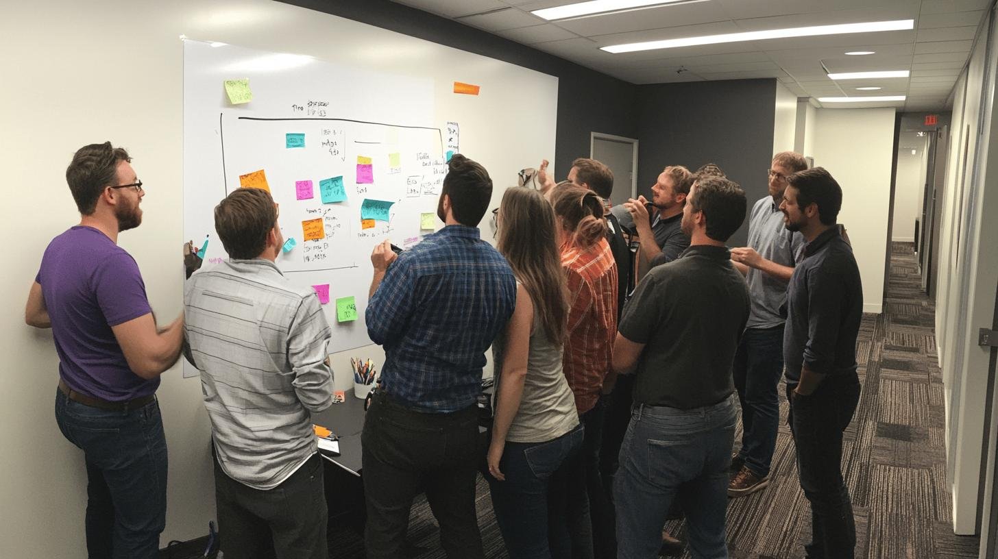 Cross-Functional Teams collaborating at a whiteboard to brainstorm solutions.