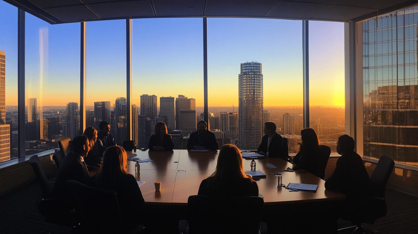 a group of people sitting around a table in front of a large window - ESG corporate governance