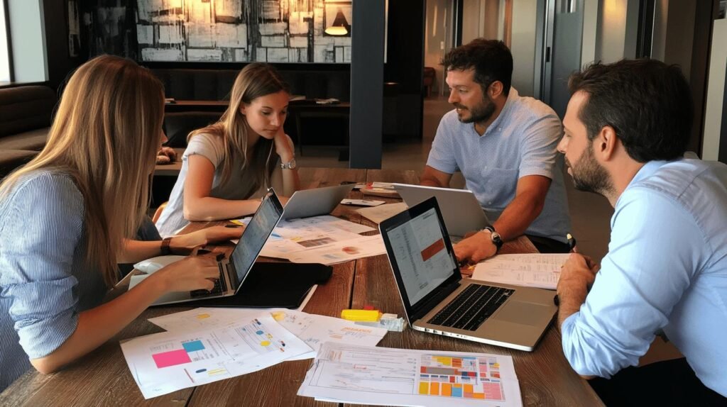 a group of people sitting around a table with laptops - ESG corporate governance