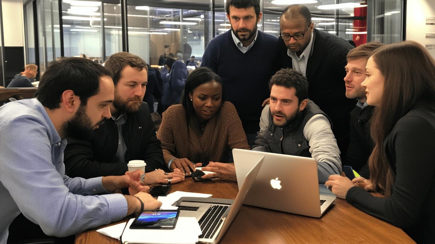 High Performing Cross Functional Teams collaborating around a laptop.