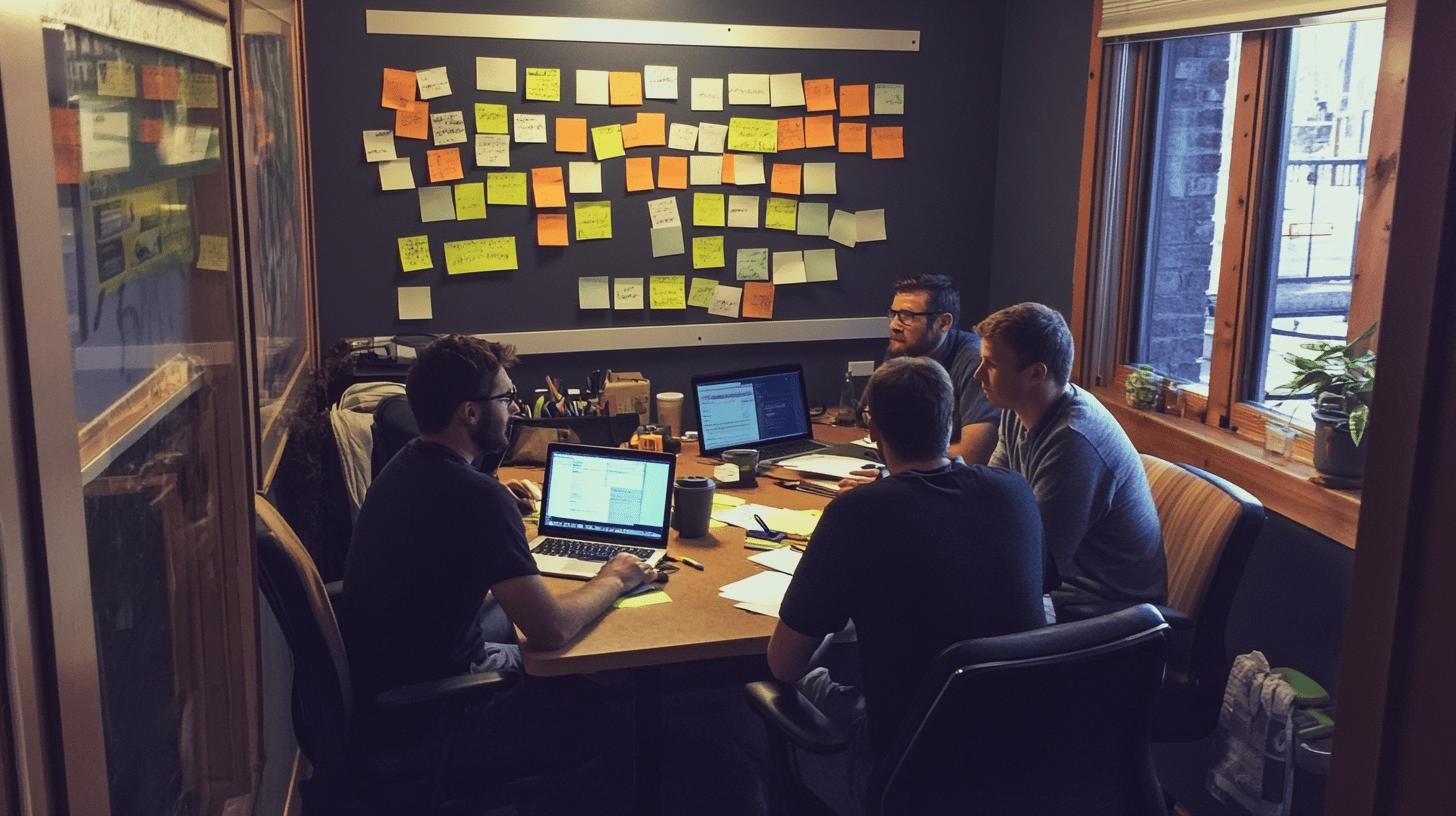 Team brainstorming session in an office with sticky notes on the wall, focusing on Growth Hacking for Startups.