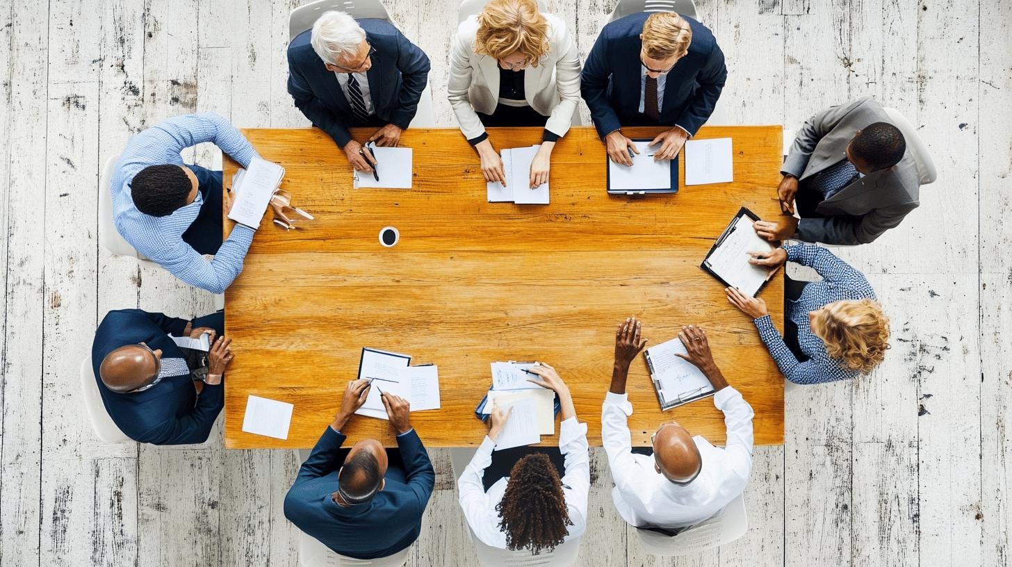 a group of people sitting around a table - Corporate Governance in Ethics