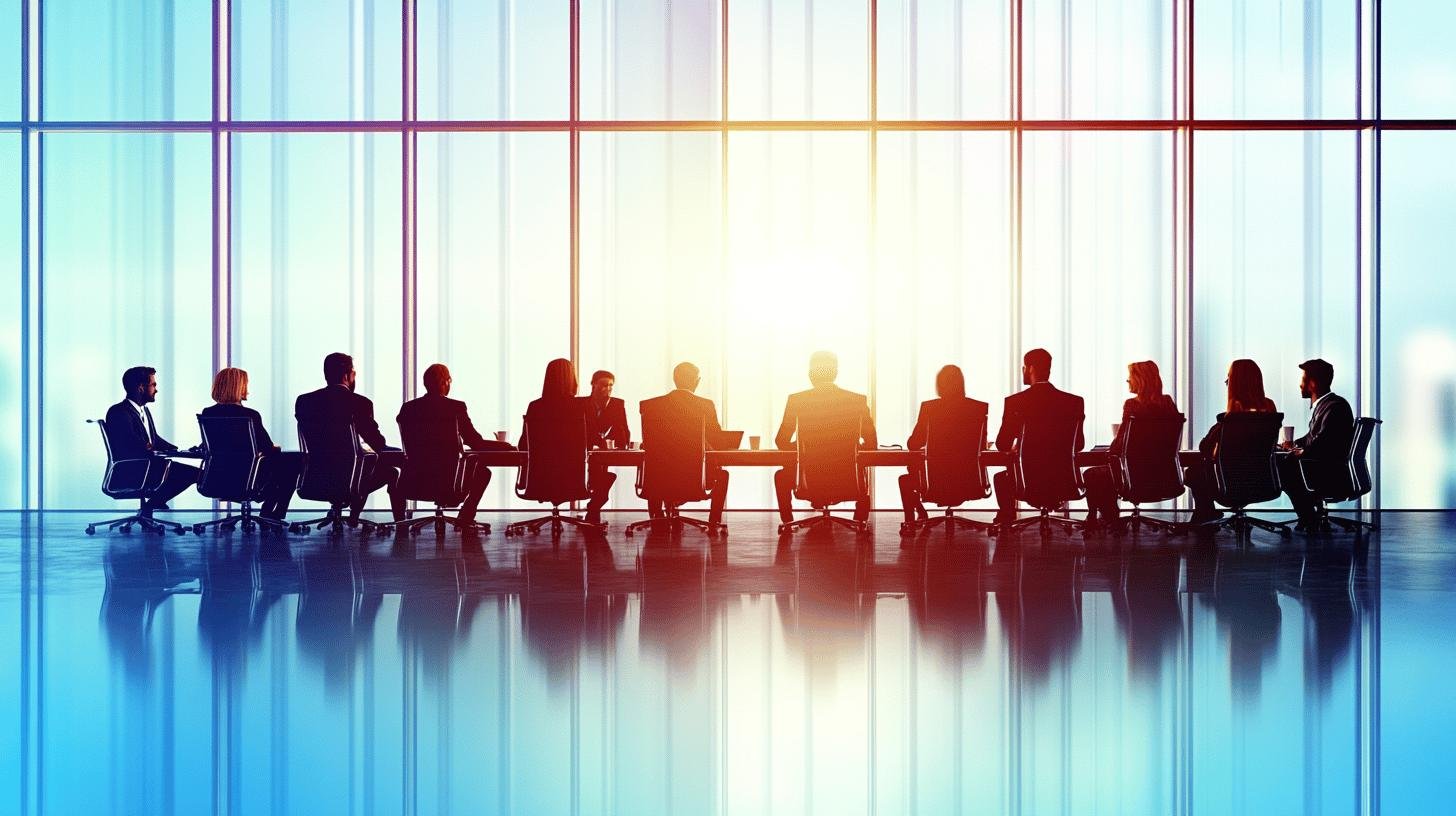 Silhouetted board members in a meeting room with large windows, symbolizing the structure of corporate governance.