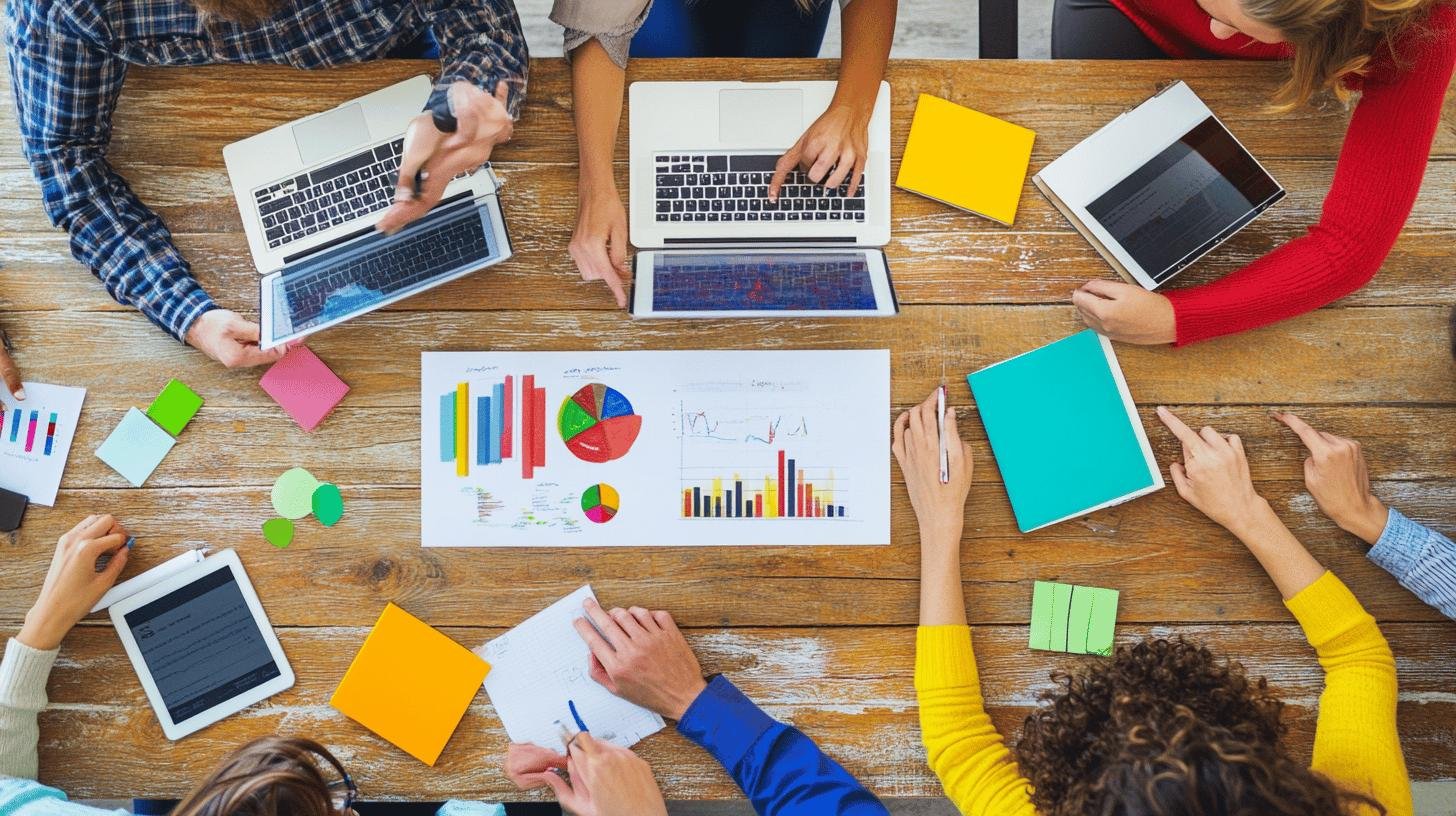 a group of people sitting around a table with laptops and papers - Cross-Functional Business Processes